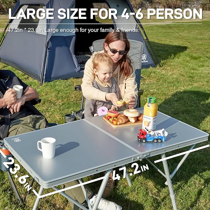 EVER ADVANCED Large Camping Table for 4-6 Person, Portable Folding Aluminum Table with Carrying Handle, Suitable for BBQ, Picnic, Camping and Indoor Use, Support up to 130LBS, Silver