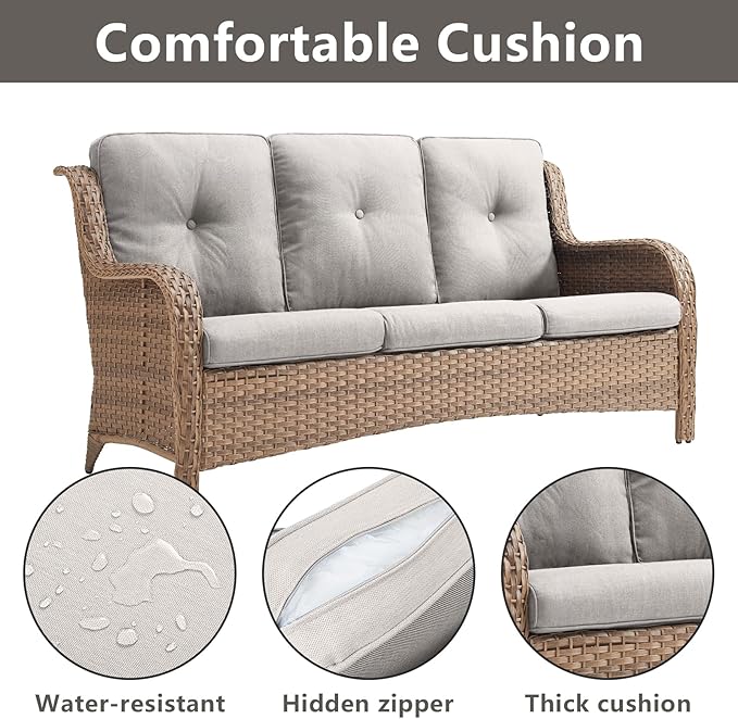 Outdoor Wicker Patio Furniture Set - 6 Piece Rattan Patio Conversation Set with 2 Rocking Swivel Chairs,2 Ottomans,1 Sofa and 1 Side Table for Porch Deck Backyard Garden(Yellow/Beige)