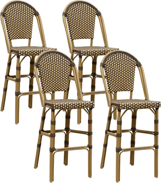 PURPLE LEAF French Bar Stool Set of 4 Bamboo Print Finish Patio Bar Stools with Back Rattan Chairs Wicker Bar Height Stool 30" with Footrest Kitchen Island Stools Outdoor Barstool Brown