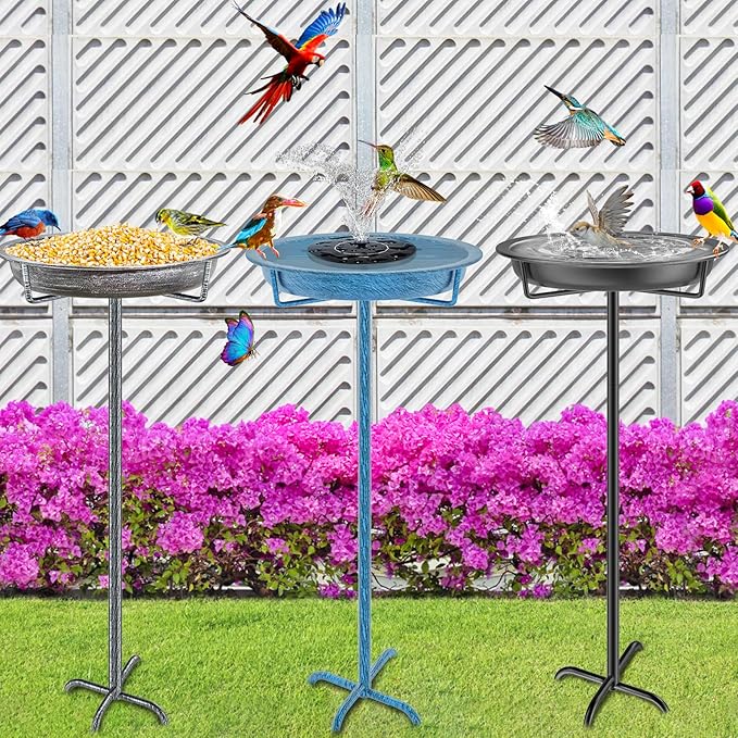 Metal Bird Bath for Outdoors Garden Birdbath Bowl, 36.2" Height Freestanding Bird Feeders for Outside with 4 Prongs Base Stake, Standing Birdfeeders for Yard Lawn Decor (Retro Silver)