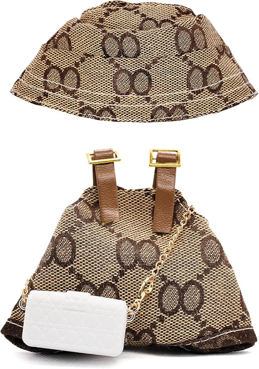 Clothes Compatible with Labubu 17cm Dolls, Premium Handmade Dolls Accessories with Chic Grid Hat & Rompers & Bag 3 Piece Set, High-End Fashion Outfit for Play & Display, No Doll, Brown