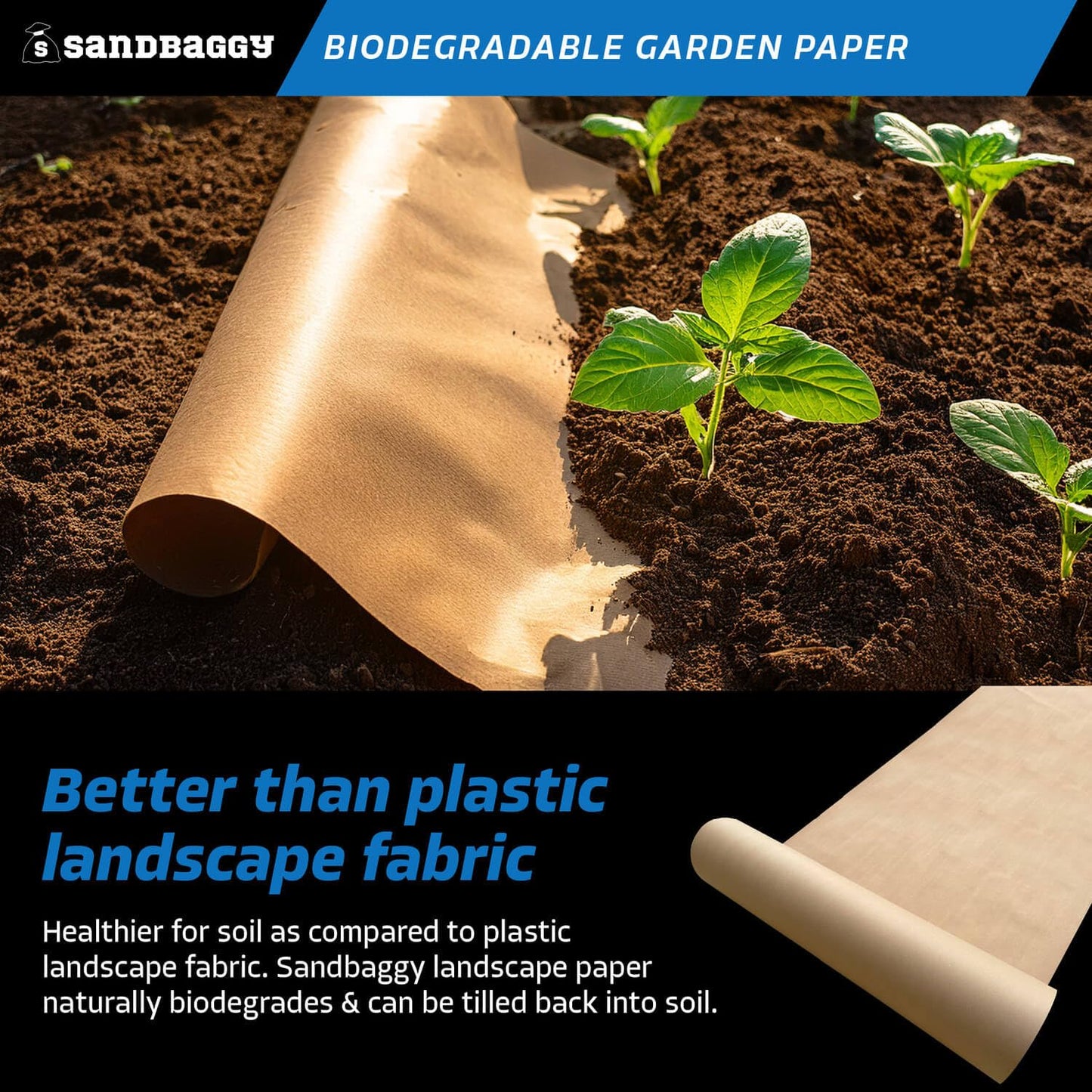 Sandbaggy Biodegradable Landscape Fabric - Garden Paper for Weeds - Paper Mulch Rolls - Made in America (4 ft x 50 ft, 1)