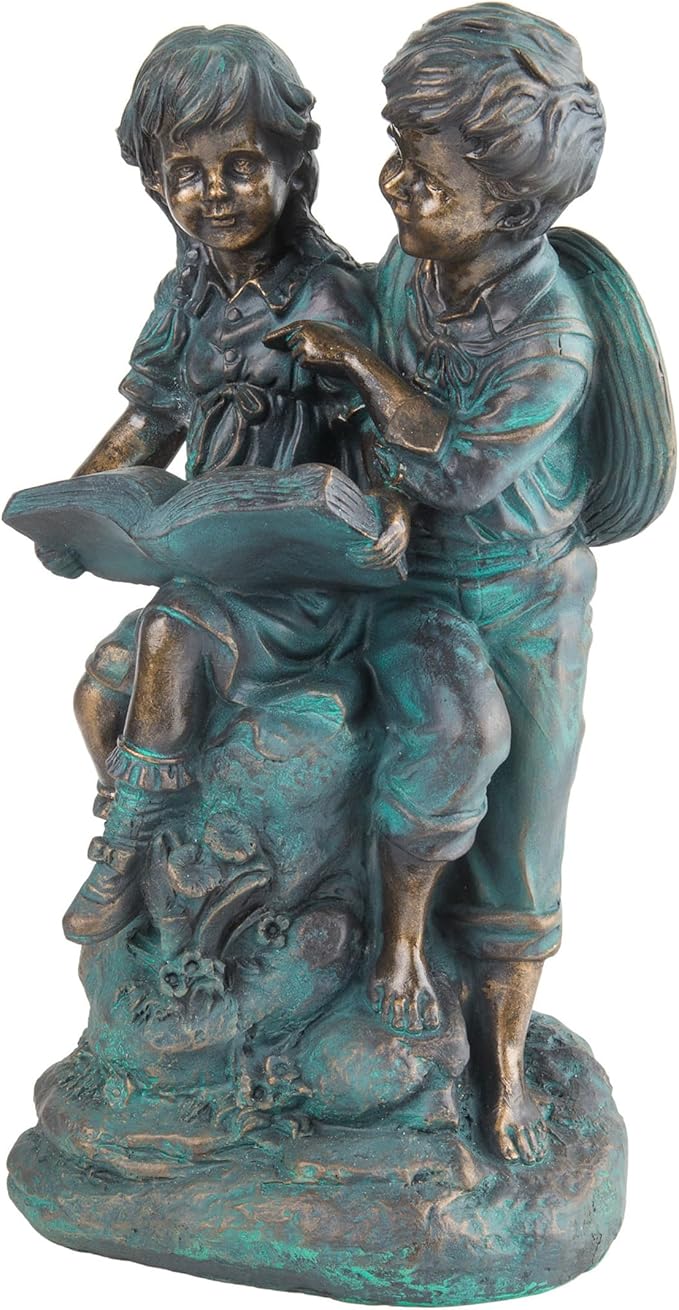 Alpine Corporation 15" Tall Indoor/Outdoor Girl and Boy Reading Together Statue Yard Art Decoration