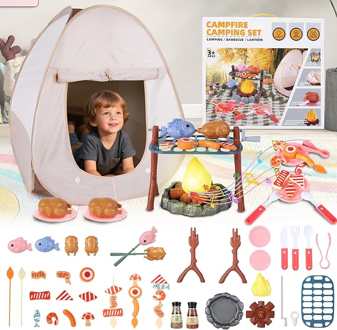 Kids Camping Playset with Pop Up Tent, Pretend BBQ Campfire Sets with Toy Food, Indoor Outdoor Educational Toys for Boys Girls Hiking Adventure Gifts Outdoor Playset Nature Exploration Toys