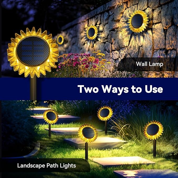 Hogni 6PK Solar Garden Lights, Ground Stake/Hang 2 in 1 Solar Sunflowers Outdoor Waterproof IP67, Outdoor Decor for Pathway Walkway Landscape Backyard Fence Decoration