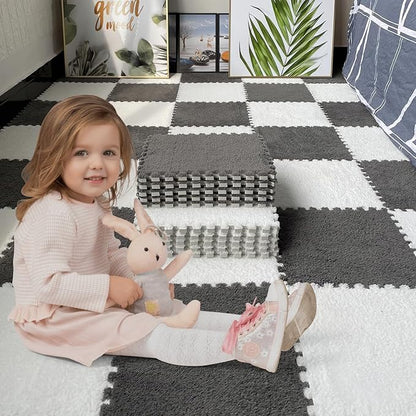 16pcs 0.6" Thickened Interlocking Tile Mats,Fluffy Shaggy Soft EVA Foam Area Rug for Living Room & Bedroom,Non-Slip Protective Floor Carpet Play Mat Kids Baby Dorm Home Decor (11.8ft, Grey)