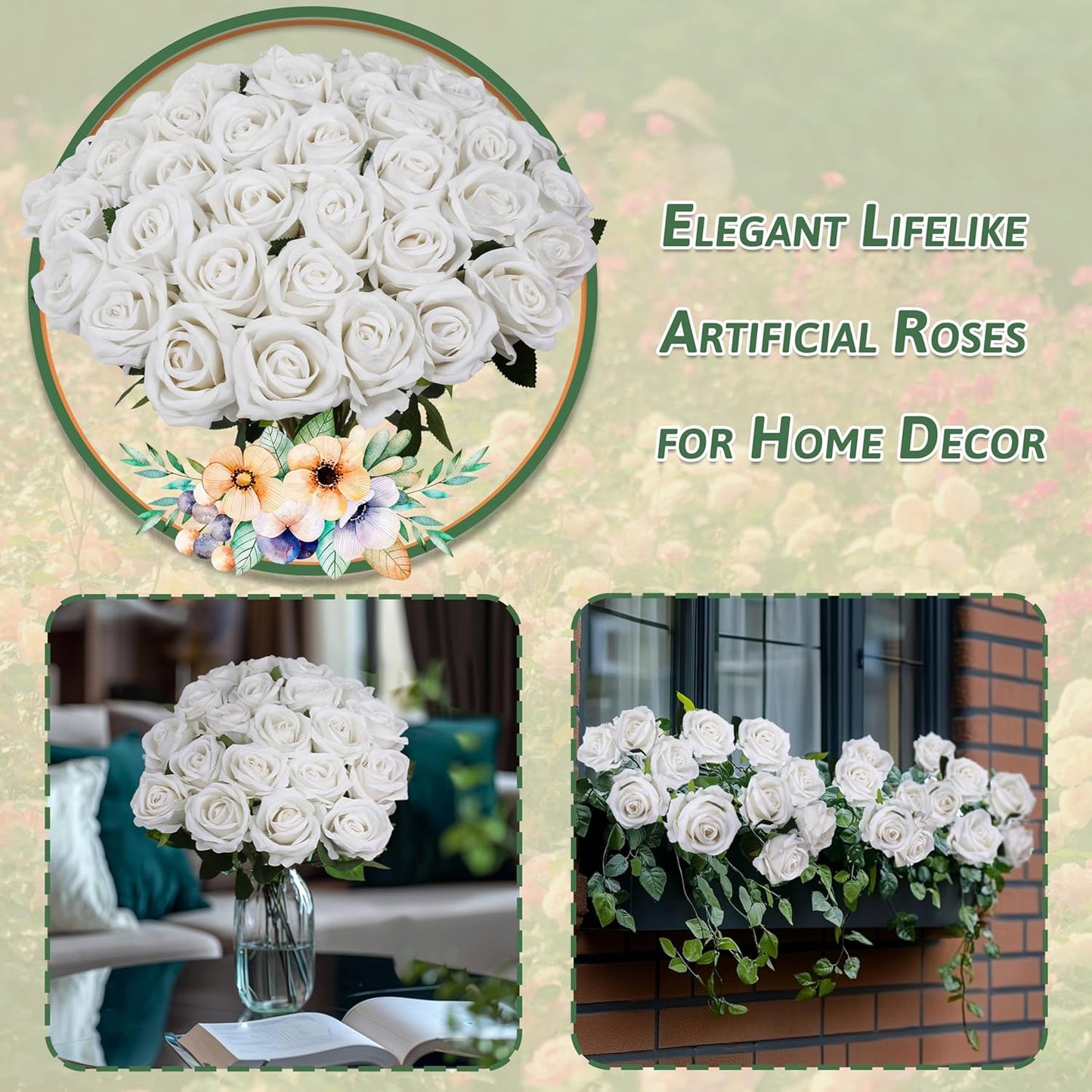 50 PCS Fake White Roses, Artificial White Flowers Bulk Realistic Silk Faux Roses with Stems for Wedding Decorations Table Centerpieces Bridal Bouquet DIY Floral Arrangement Event Party Home Decor