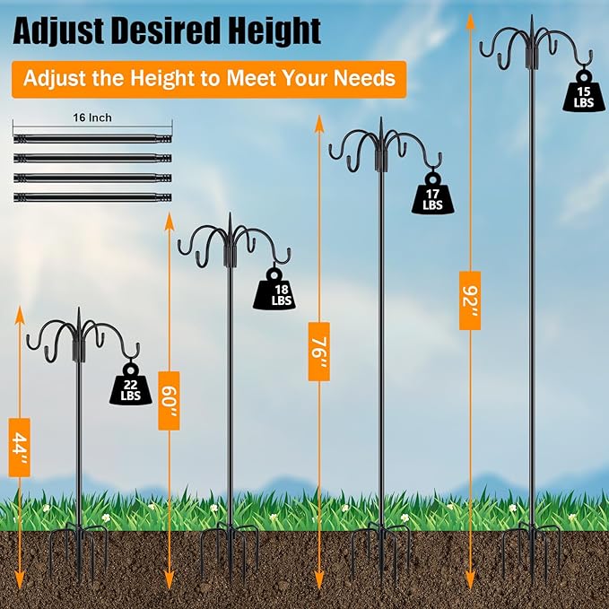 FEED GARDEN 92 Inch Adjustable Shepherd Hooks with Squirrel Baffles Heavy Duty Garden Hooks 5-Prong Base Bird Feeder Pole with Four Hooks for Hanging Plant Baskets Solar Lights Lanterns