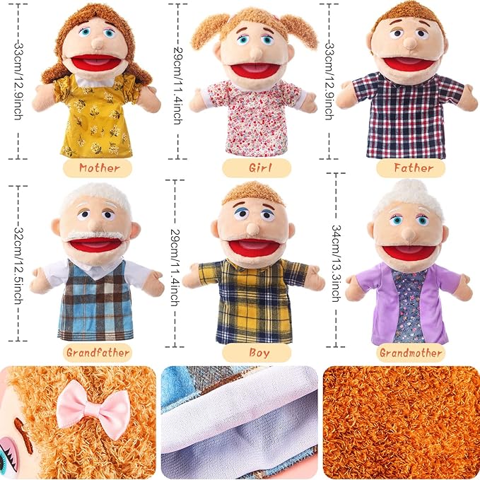 6 Pcs Family Hand Puppets 12 Inch Grandparents, Mom & Dad, Brother & Sister Plush Hand Puppet Toys Role-Play Toy Puppets for Kids Storytelling Imaginative Pretend Play Teaching Preschool(6 Family A)