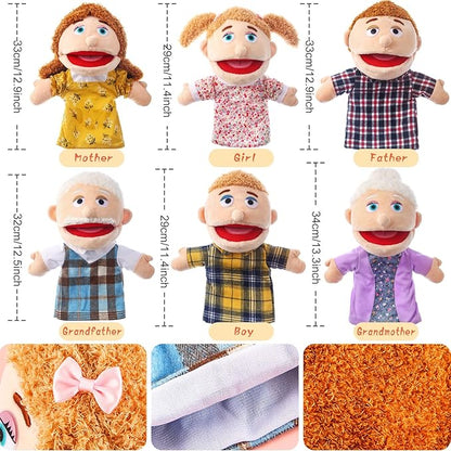 6 Pcs Family Hand Puppets 12 Inch Grandparents, Mom & Dad, Brother & Sister Plush Hand Puppet Toys Role-Play Toy Puppets for Kids Storytelling Imaginative Pretend Play Teaching Preschool(6 Family A)