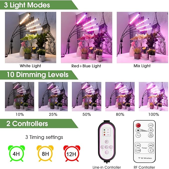 Plant Grow Light with Stand, 4 Heads Red Blue Spectrum Grow Lamps with 15-63" Adjustable Tripod Stand, 4/8/12H Timer, 3 Switch Modes, Indoor Plant Light with Remote Control