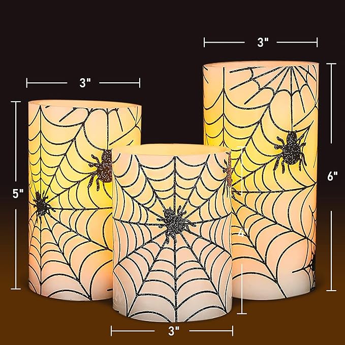 Spider Web Decor Flameless Candles Battery Operated with Remote Timer Haunted House Spooky Decorations Set of 3 Real Wax Black LED Flickering Candles Decorative for Halloween Decor Party