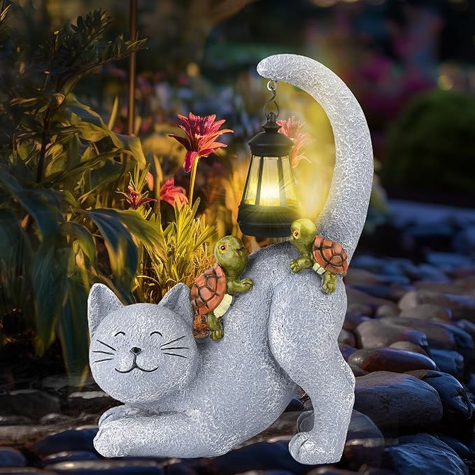 Solar Garden Decor Cat Figurine-Cat Outdoor Statue with Solar Lantern, Loving Turtle Garden Decor for Outside Patio,Porch,Yard, Backyard-Unique Housewarming Gifts for Mom Grandma Women