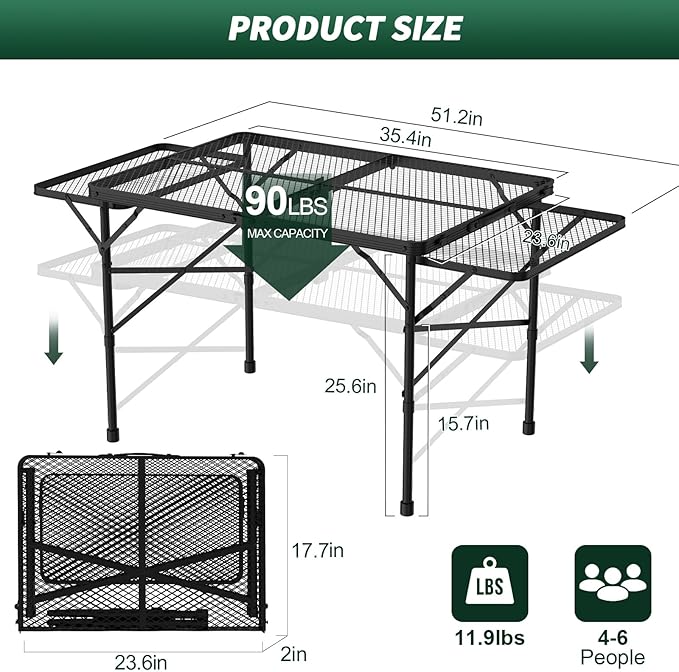 Folding Table with 2 Wing Panels, 3x2 FT Camping Table with Mesh Desktop,Height Adjustable Folding Grill Table with Mesh Bag,Portable Outdoor Table for Picnic,Camping,BBQ,Beach(Black)