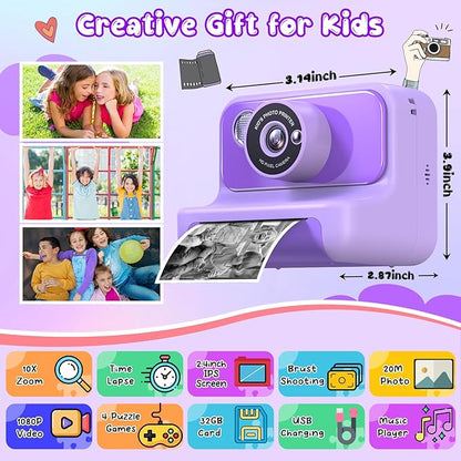 Kids Camera Instant Print, Christmas Birthday Gifts for Girls and Boys, 1080P HD Video Digital Kids Camera with 32G Card, Toddler Camera for 3-12 Years Old, Purple