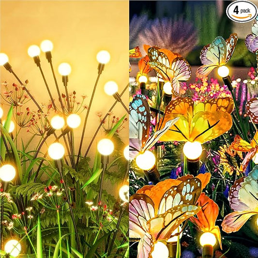 Flumy 2 Pack Solar Firefly Lights + 2 Pack Solar Butterfly Lights for Yard, Patio, Pathway, Lawn, Walkway, Camping, Pool, Solar Ground Lights Walkway Lights Deck Lights