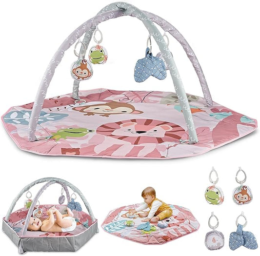 Henry & Colin Baby Activity Play Gym Mat with Hanging Toys, Soft Padded Mat, Sensory Development Play Area for Newborns and Infants, Convertible Play Center for Tummy Time and Fun Learning (Pink)