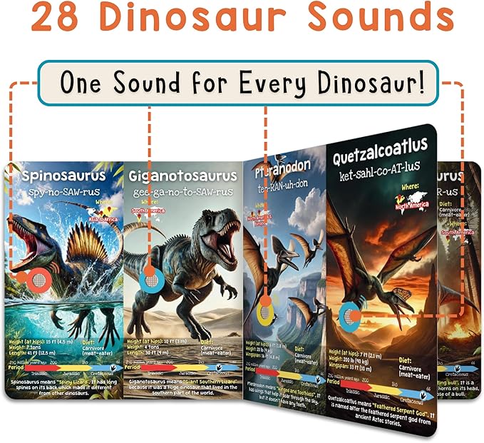 LEARNING BUGS Dinosaur Sound Book for Kids 3-5, 28 Realistic Sounds. Explore Land, Sky, & Sea Dinosaurs, Perfect Educational Toy and Gift for Toddlers