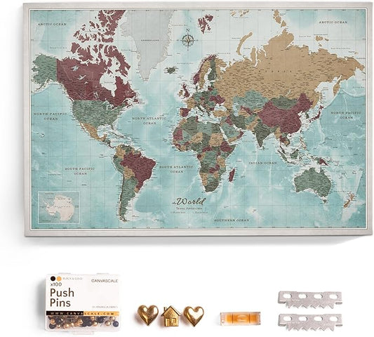 Canvas World Map with Cork Pin Board - English Lettering - Decorative Wall Decoration for All Rooms - Canvas Pictures with World Map Motif (120x80 cm, Pattern 11)