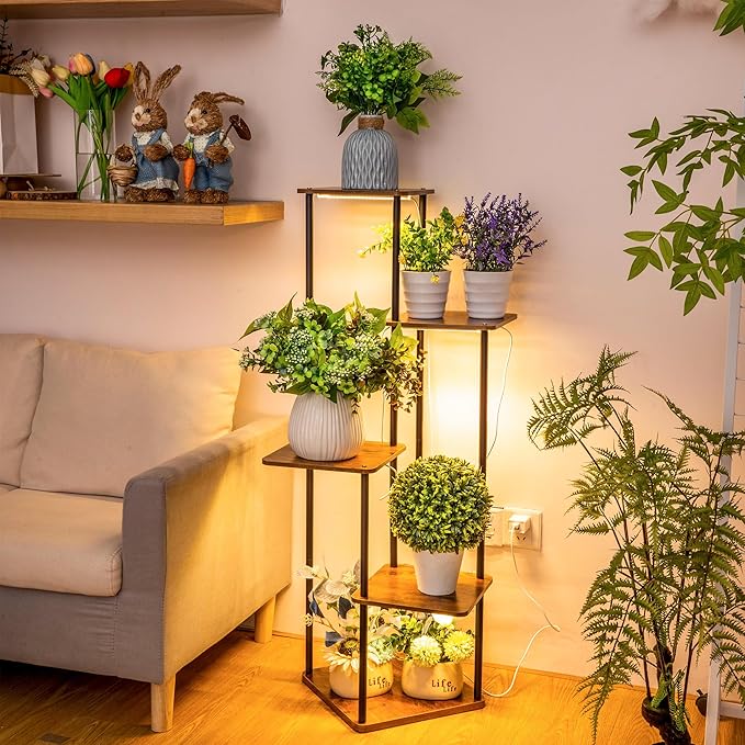 Dreyoo Plant Stand with Grow Light Indoor, 5 Tier 5 Potted Sturdy Metal Plant Shelf, Multiple Plant Holder Tall Plant Ladder for Display Plant Flower Corner Living Room Office (Black, Brown)