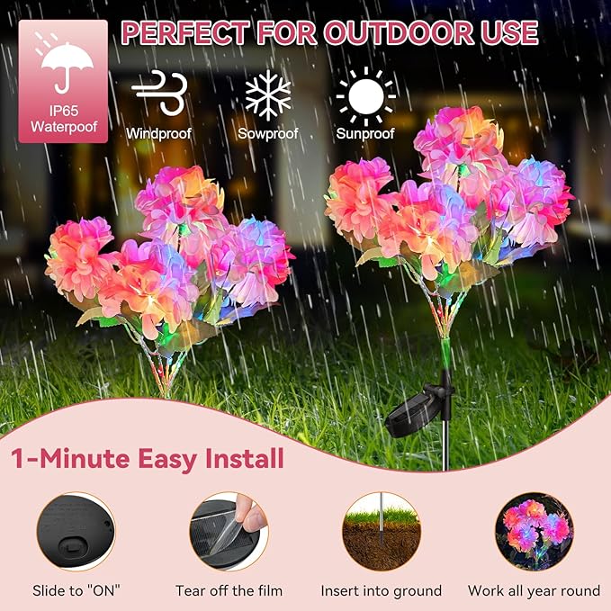 Neporal Solar Flowers Outdoor Waterproof IP65, 5-Head Pink Hydrangea with 4-Color Light & 2 Lightning Modes, Solar Garden Lights for Garden, Yard, Pathway, Gardening Gifts for Women - 6 Pack