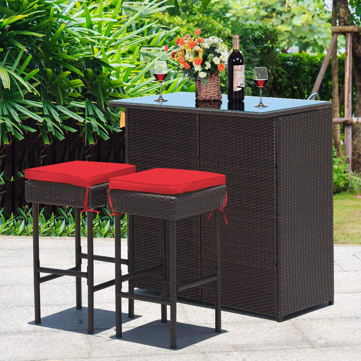 Tangkula Patio Bar Set, 3 Piece Outdoor Rattan Wicker Bar Set with 2 Cushions Stools & Glass Top Table, Outdoor Furniture Set for Patios Backyards Porches Gardens Poolside (Red)