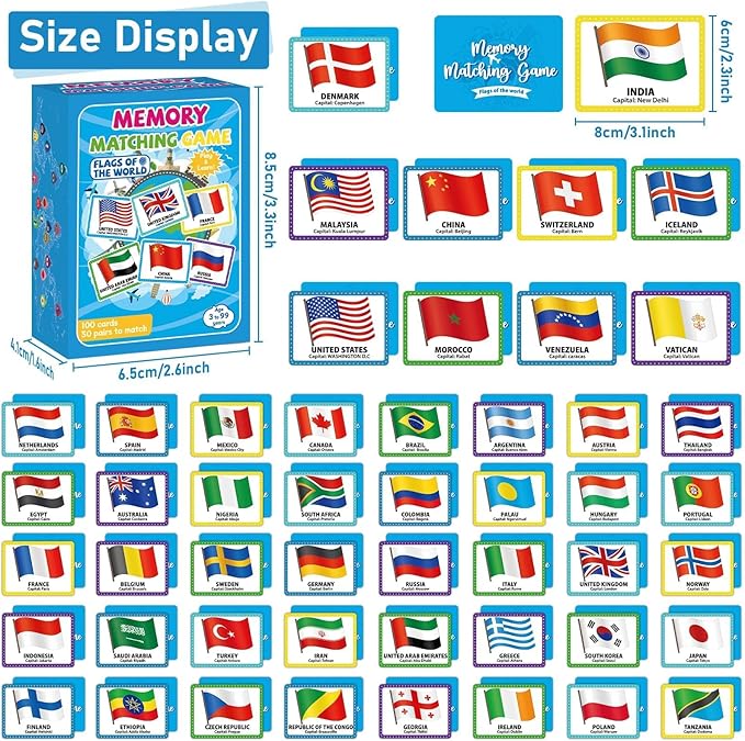 gisgfim 50 Pairs Memory Matching Game Flags of The World Concentration Memory Card for Kids and Adults Learning Educational A Fun & Fast Countries of The World Matching Games