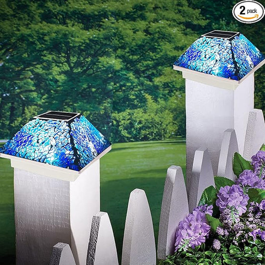 2PK Mosaic Solar Post Cap Lights Outdoor for 4x4, 3.5x3.5 Post Crackled Glass Deck Fence Lamp Weatherproof LED Light Decor in Garden, Yard, Outdoor Table, Balcony, Landscape- Cyan Blue