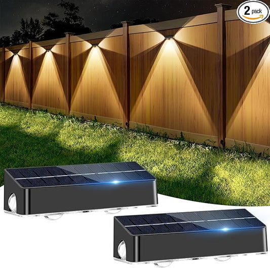 Solar Fence Lights Outdoor - 3-Side Fence Light Solars Powered for Outside IP65 Waterproof Fence Solar Lights Outdoor for Outside Garden Backyard Patio Deck Fence Stair Step Railing Pathway(2Pack)