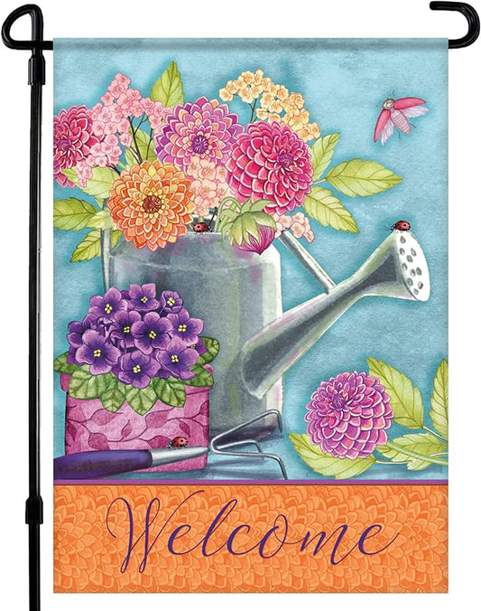 Spring Garden Flags 12.5x18 Double Sided - Floral Watering Can Flag Printed in Premium Polyester - Seasonal House Welcome Banner for Outdoor, Yard, Lawn, Deck, and Patio - Suits Most Holder