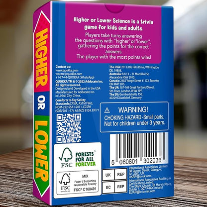 QUOKKA Trivia Board Games for Kids and Adults - Version V2.0 - Family Night Science Games 4xSet Higher or Lower Trivia Cards | Guess Fun Questions | 2 + Players - Challenge Your Science Knowledge