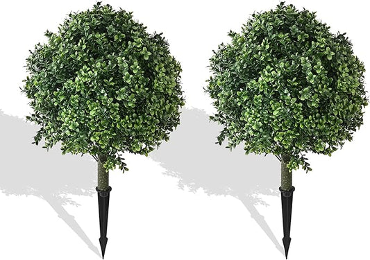 28" Artificial Boxwood Topiary Ball Trees with Ground Spike for Outdoor,Set of 2 UV Resistant Artificial Shrub Bushes,Artificial Plants,Fake Boxwood Plants for Indoor, Garden, Yard,Patio Décor