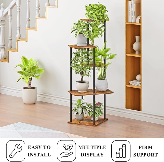Plant Stand Indoor 5-Tier Metal Wood Plant Shelf for Multiple Flower Pots Corner Tall Flower Holders for Living Room Balcony Bedroom, Brown