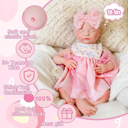 Girl 19 in, Full Silicone Baby Doll, Realistic Baby Dolls, Realistic Veins & Sleeping Pose, Not Vinyl, Reborn Baby Dolls Silicone Full Body, Gift Set