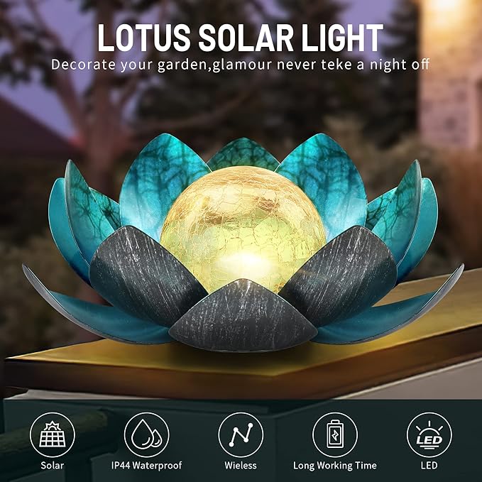Lotus Solar Lights Outdoor,Solar LED Powered Garden Light Waterproof for Decor Tabletop Ground Yard Patio Walkway Landscape,Metal Glass LED Lotus Flower Lights