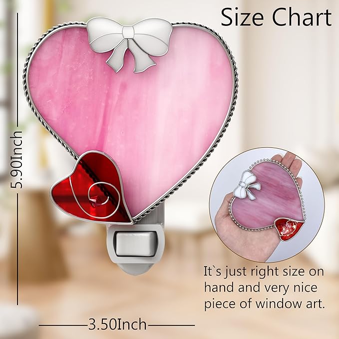 KY&BOSAM Plug in Pink Heart Night Light Stained Glass Nightlight Decorative Wall Night lights with On/Off Switch Come with 7 Watt Bulb Mother`s Christmas Valentine`s Holiday Spring & Winter Home Decor