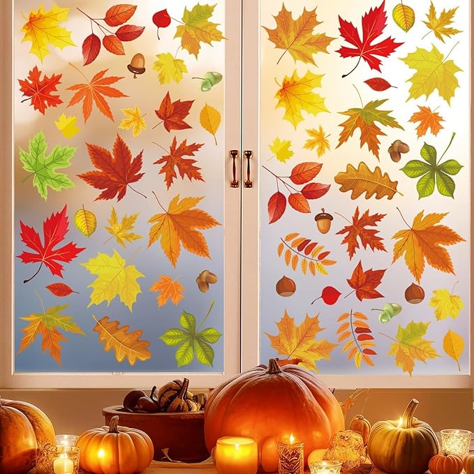6 Sheets Fall Leaves Window Clings for Glass Windows Double-Side Autumn Window Clings Maple Leaves Pinecone Designs Thanksgiving Clings for Glass Windows Stickers for Home Office School Glass Decor