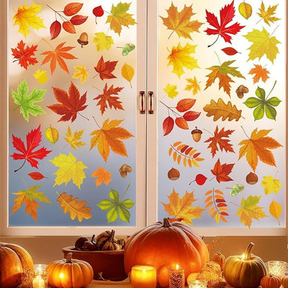 6 Sheets Fall Leaves Window Clings for Glass Windows Double-Side Autumn Window Clings Maple Leaves Pinecone Designs Thanksgiving Clings for Glass Windows Stickers for Home Office School Glass Decor