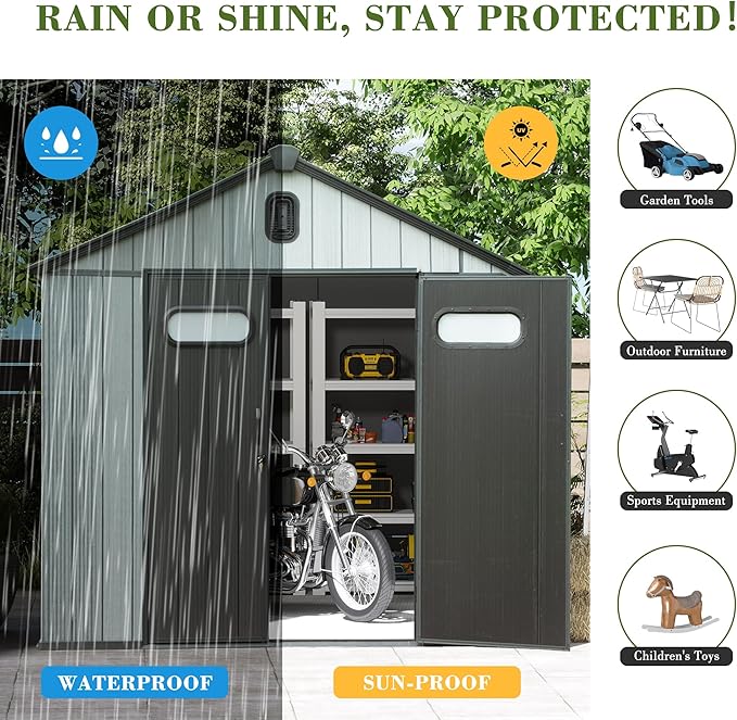 Domi 8x10FT Outdoor Resin Storage Shed with Transparent Windows & Louvered Vents, Plastic Tool Shed with Double Lockable Doors & Gable Roof, Outside Garden Shed for Backyard, Patio, Lawn, Grey