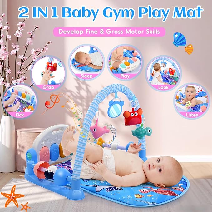 Baby Gyms Play Mats, Baby Toys Tummy Time Mat, Baby Activity Mat Play Piano Gym with 5 Sensory Toys for Babies, Music and Lights Boy & Girl Gifts for Infant Newborn Baby 0-3 4-6 6-9 6-12 Months