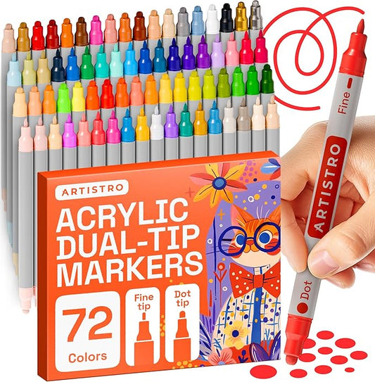 ARTISTRO 72 Acrylic Paint Markers for Rock, Fabric, Wood, Glass, Craft, Decoration - Dual-Tip Paint Pens - Stocking Stuffers, Christmas Gift Idea for Teens, Grandkids, Kids - Art Supplies