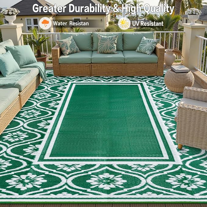Outdoor Rug 8x10 Patio Waterproof Mat Camping Carpet Outside Area Rug Reversible Green Rugs for RV Deck Entryance Porch Picnic Balcony Beach