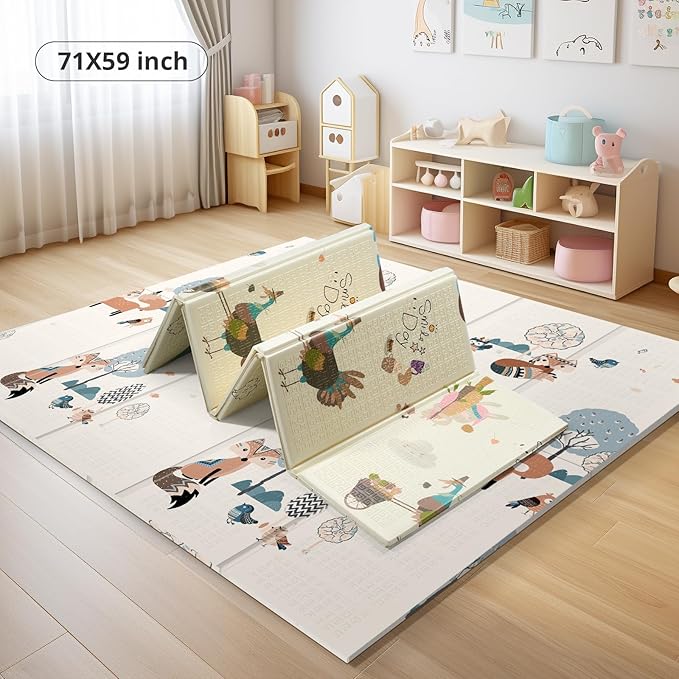 Baby Play Mat, Reversible, Waterproof Foam Padded Play Mat for Infants, Babies, Toddlers, Plays and Tummy Time, Foldable, 71x59 Inches Baby Crawling mat with Travel Bag for Indoor and Outdoor