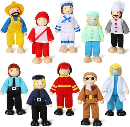 Skylety 10 Pcs Wooden Dollhouse Set of Mini People Figures Dollhouse Dolls Wooden Doll Play Figures Accessories(Fresh Style)