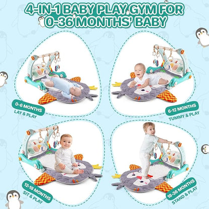 deAO Baby Play Mat Gym Tummy Time Mat Infant Play Center and Baby Activity Mat Baby Learning Walker Detachable Play Piano and Rattles, Baby Gifts for Babies 0-12+ Months, Penguin
