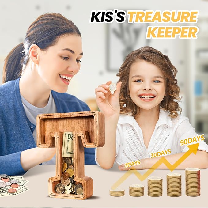 KMC Wooden Letter Piggy Bank, Personalized Initial Piggy Bank for Kids Boys, Clear Alphabet T Wood Money Box, Unbreakable Coin Saving Jar, Birthday, for Children