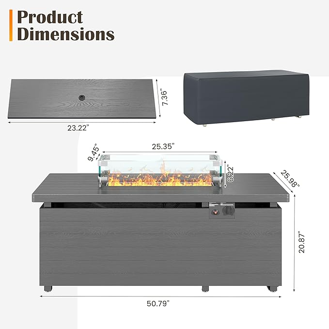 Sundale Outdoor 51 Inch Outdoor Fire Pit Table, 50,000 BTU Rectangle Propane Fire Pit with Glass Wind Guard, Rain Cover, Removable Lid, Matching with Outdoor Furniture Sets, CSA Certified, Gray
