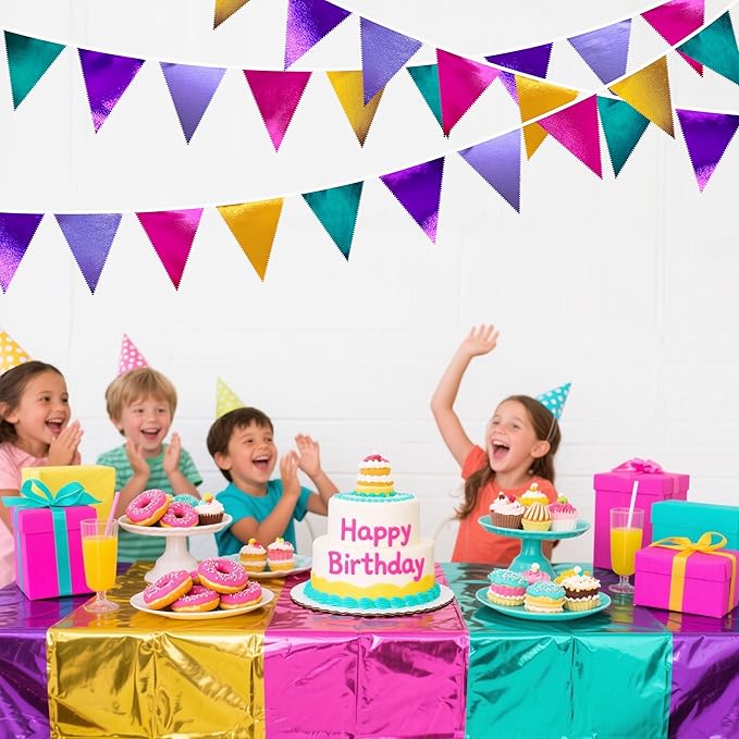 Colorful Party Decorations Hot Pink Teal Purple Metallic Fabric Triangle Pennant Banner Flag Bunting for Fiesta Carnival Rainbow Multi-color Birthday Wedding Baby Shower Holiday Outdoor Party Supplies