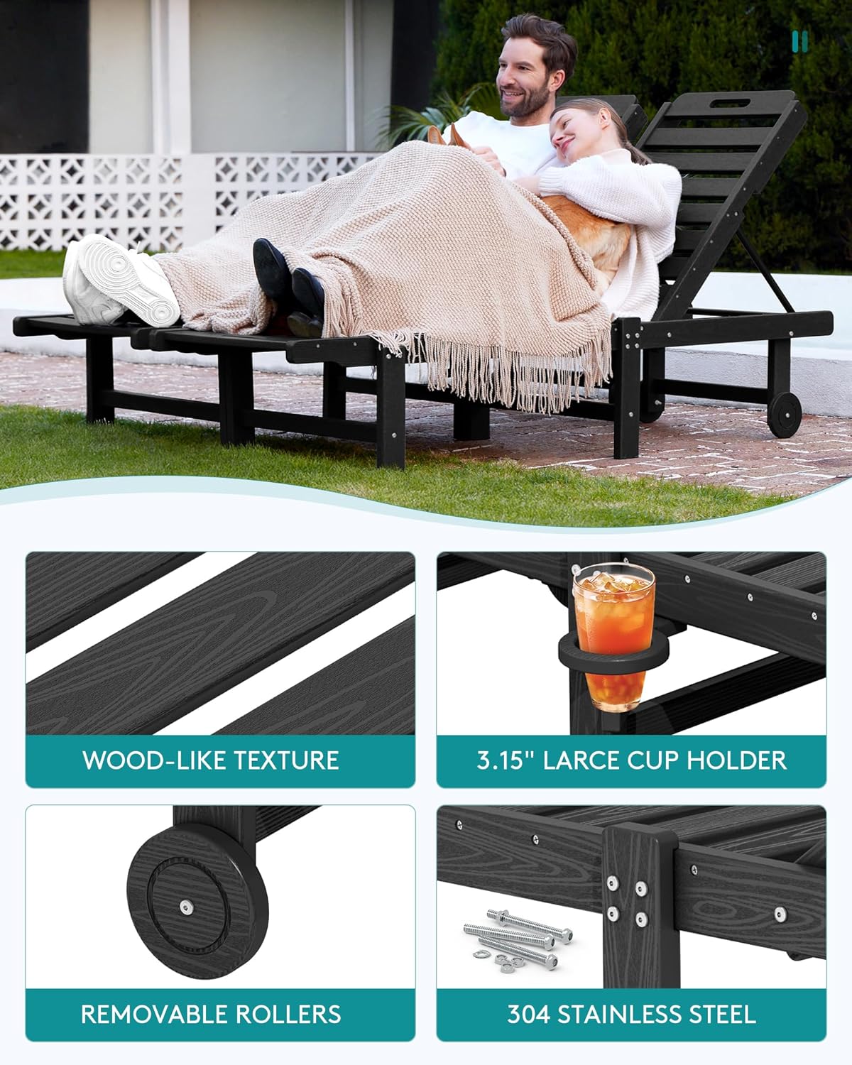 SERWALL Patio Chaise Lounge, HDPE Outdoor Lounge Chair with Cup Holder, 5 Positions Adjustable Poly Lounge Chair with Rolling Wheels for Poolside, Deck, Sunbathing, Black