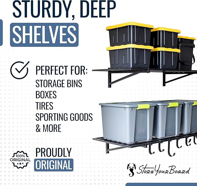 StoreYourBoard 2-Pack Heavy Duty Wall Shelves – Wall-Mounted Garage Storage Shelving and Organization for Sheds, Closets, or Utility Rooms – Holds 200 lbs, 2ft x 4ft, Black